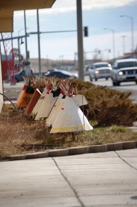 Metal Teepees in front of a shop in Browning