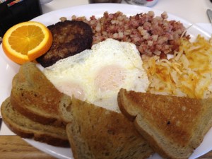 My breakfast at leaning tree - eggs, sausage, hash, potatoes and toast - YUM