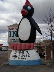 Famed giant Cut Bank Penguin claiming the town of Cut Bank is the Coldest Spot in the Nation