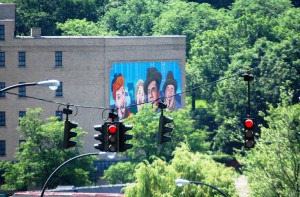 Large Lucy Mural as seen from downtown Jamestown, NY
