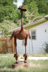 Metal ostrich in front of a home on Salida, Colorado
