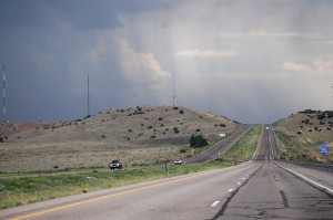 Rain in the distance heading south on I-25 from Walsenburg