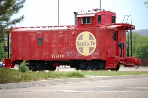 Old Santa Fe caboose, reminder that Raton was built on the railroad