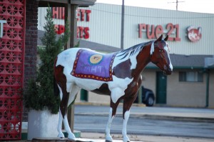 A painted horse with Native American designs in Durant, Oklahoma
