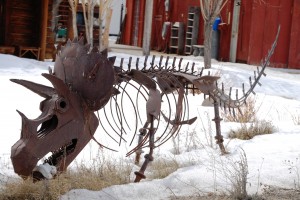 Small triceratops in someone's yard in Kelly, Wyoming, near Grand Tetons National Park