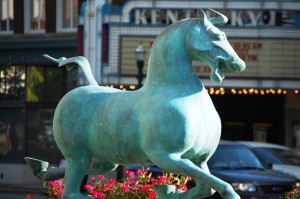 A Chinese Horse statue in front of a bank in downtown Lexington