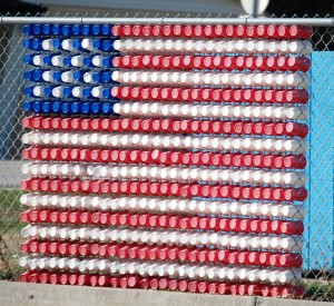 At the gas station in Adair there was a flag made from plastic cups inserted into a nearby fence.