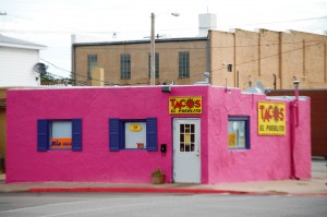 Tacos anyone? - A Pink building in the middle of small town America.  Priceless!