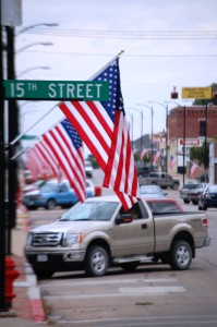 Flags hang all along main street in Nebraska City on 9/11