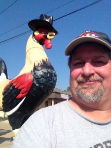 Sumoflam with the giant Rooster with a Top Hat at Carl's Bakery in E. Peoria