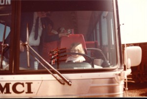 Little Amaree, then 2 1/2, tries to drive the big charter bus in Flagstaff, AZ (Oct 1982)