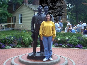 Amaree at the Joseph and Hyrum Smith statue in Carthage, IL