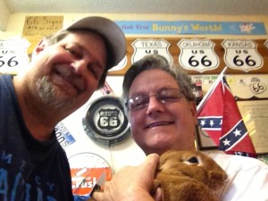 Rich Henry and Sumoflam with their rabbit at Henry's Ra66it Ranch in Staunton, IL