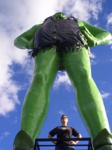 Amaree with the Jolly Green Giant in Blue Earth, Minnesota, summer 2004