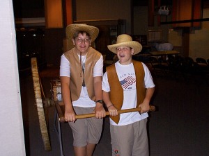 Seth and Sol Practice their handcart skills. These came in handy when they did an actual three day adventure in the early 2000s.  Taken at Mormon Trail Center, Omaha in Summer 1999