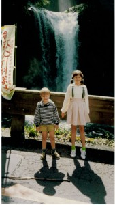 Seth and Chelsea at a waterfall in Japan where they were shooting a TV commercial.
