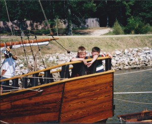 Seth and Sol on deck of one of the ships in Jamestown in August 1995