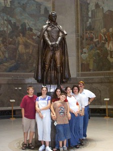 Family inside the Clark Memorial with George Rogers Clark and the seven murals, Summer 2001