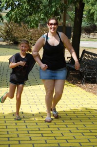 Chelsea and Autumn follow the Yellow Brick Road at Curtis Orchards in Champagne, IL - Aug 2012