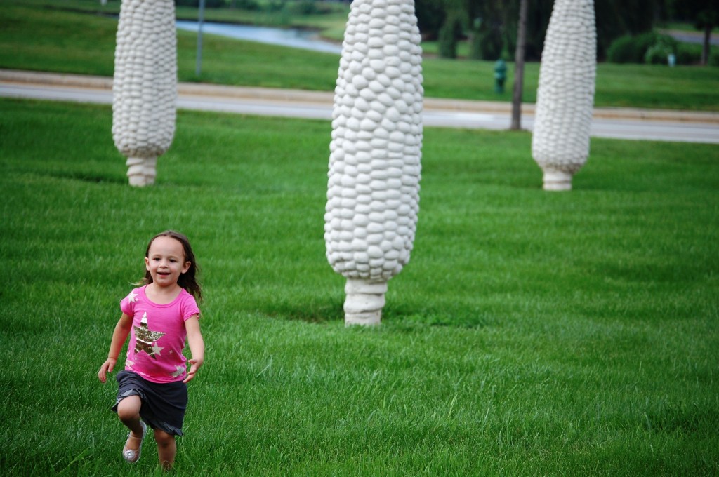 Granddaughter running through the cement corn cobs in Dublin, Ohio July 2011