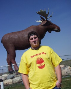 Solomon visits with the World's Largest Moose Statue in Moose Jaw, Saskatchewan Sept 2007