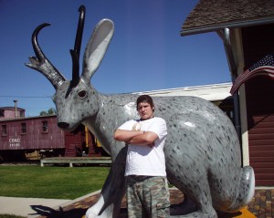 Solomon with a giant jackalope in Douglas, Wyoming, the "Jackalope Capital of the World" - Sept 2007