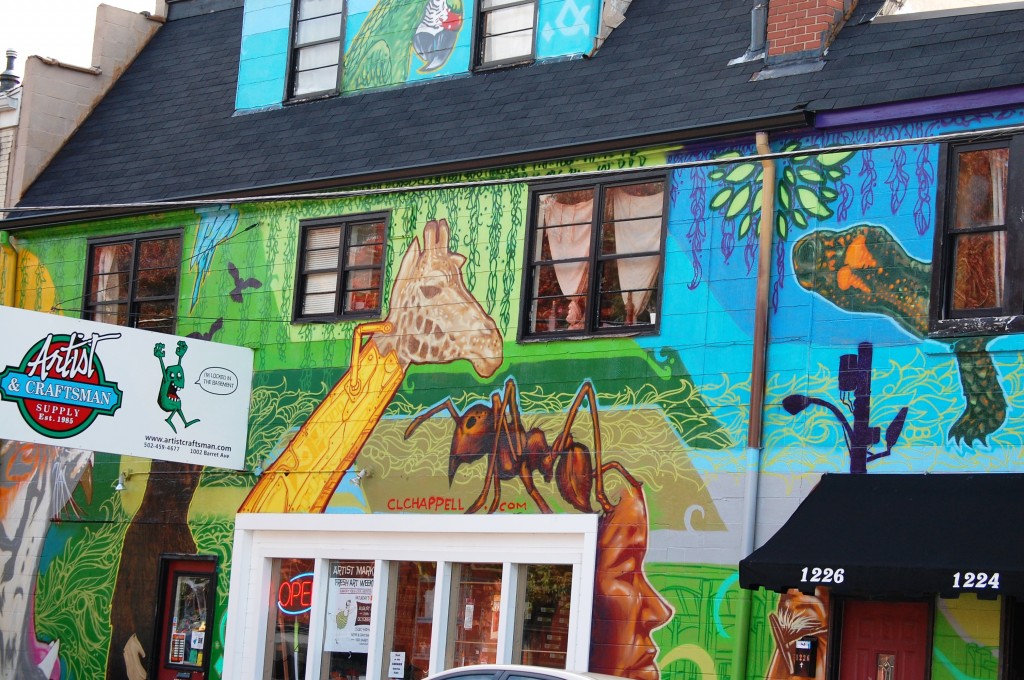Front entry of Artist and Craftsman Supply store in Louisville with amazing mural artwork