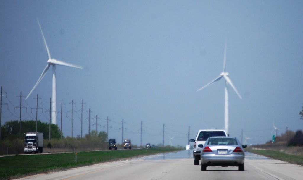 On I 39 North near Bloomington, IL.  Looks like we will drive right into the wind turbines