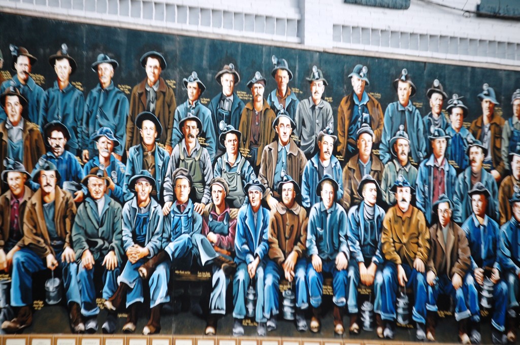 A portion of a mural honoring 100s of iron workers in downtown Ironwood, MI