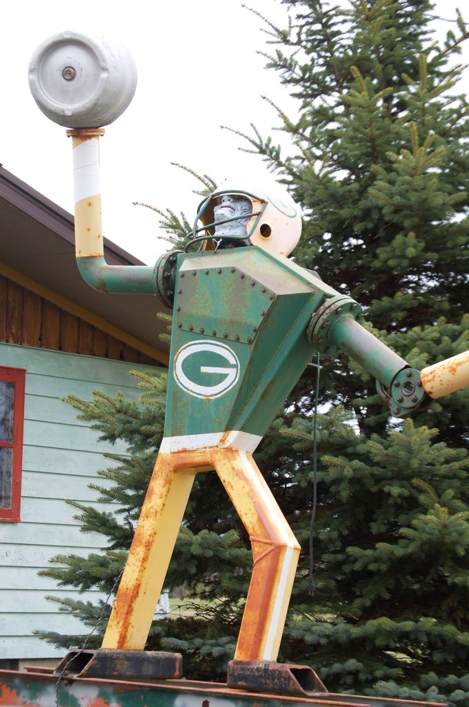Robotic scrap metal quarterback.  The guy in the bar said you can plug it in and it actually moves!