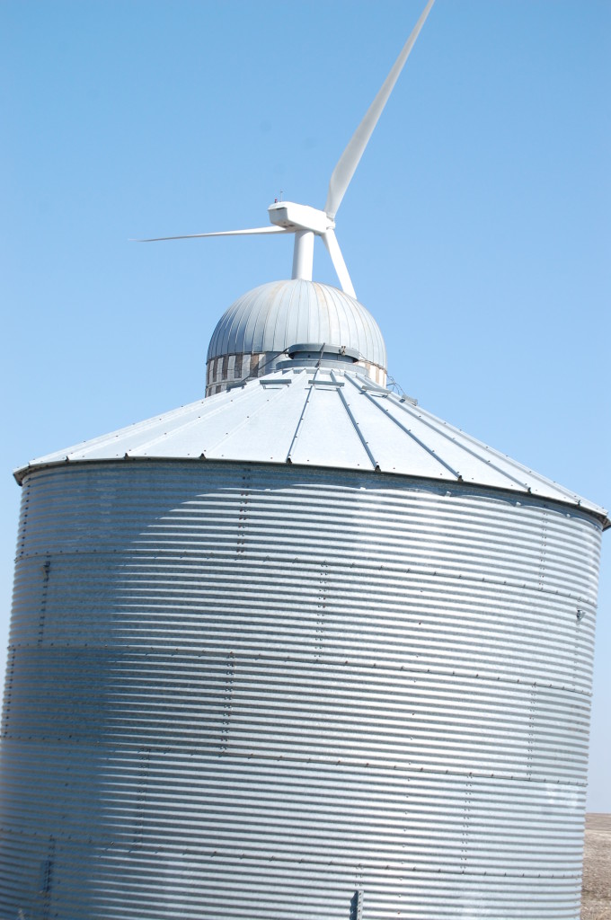 Three Structures: Metal silo, old silo, wind turbine