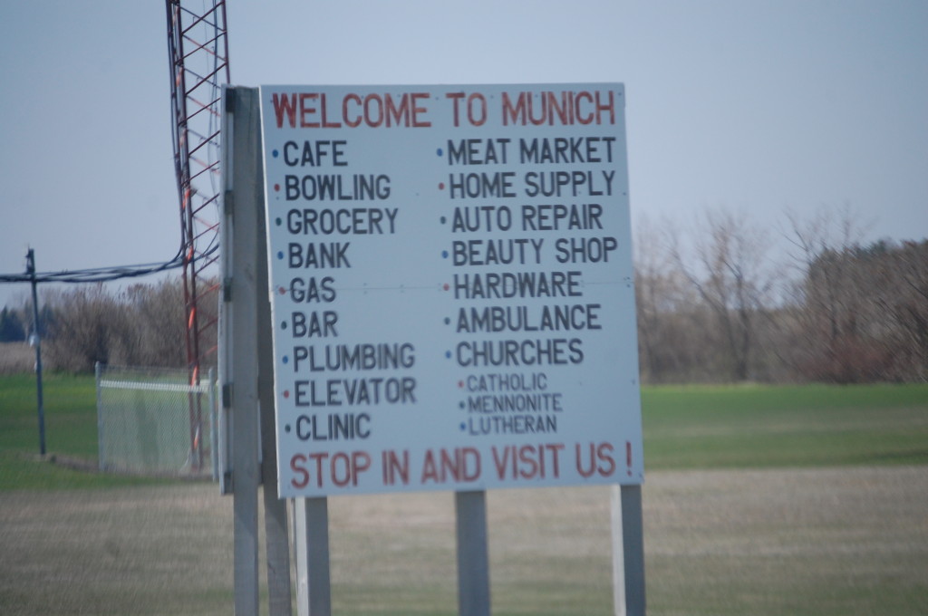Unique town sign in Munich, ND