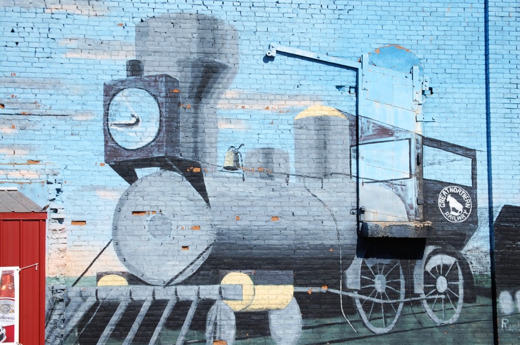 Train mural in Glasgow Montana n the side of a building