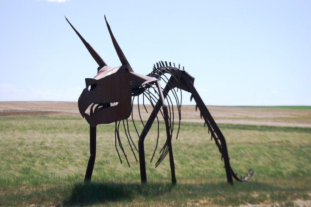 The dinosaur sculpture off of US Highway 2 near Rudyard, made by farmer Byron Wolery of Inverness, MT