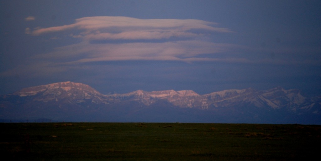 Sunrise over the Rockies as seen from US 89 north of Vaughn, Montana