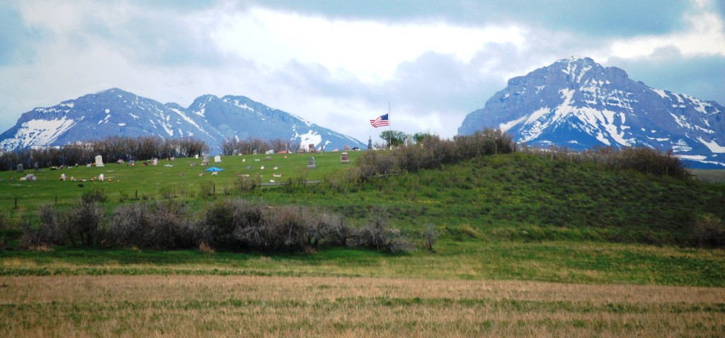 Dupuyer Cemetery on a hill with a spectacular view of the Rockies