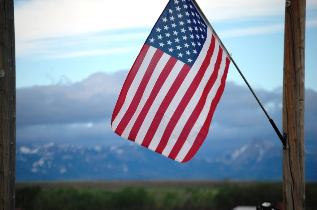 A flag flies at the gate to Anderson Ranch, just west of Dupuyer