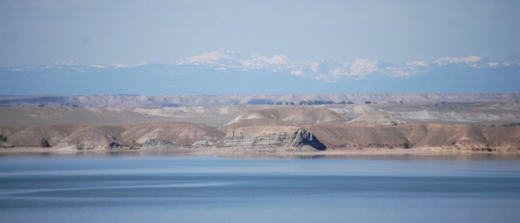 Boysen Reservoir with the Wind River Mountain Range in the distance.