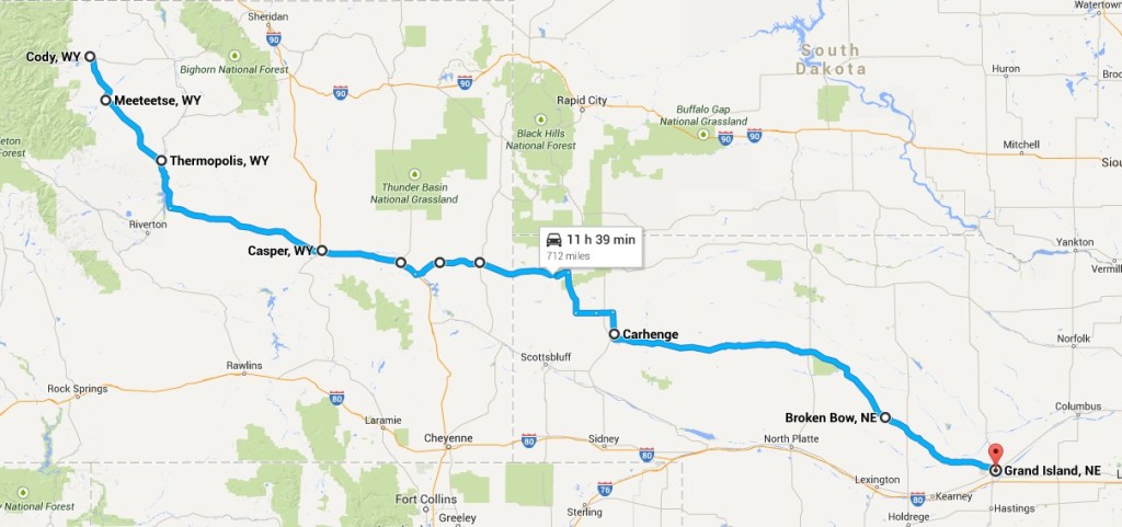 Map of trip from Cody to Grand Island, Nebraska