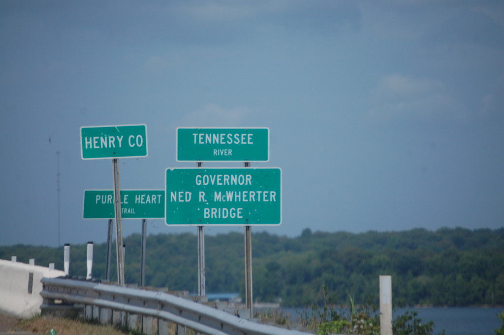 Lots of signs just before crossing the Tennessee River near Paris Landing State Park