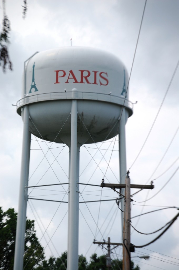 The Paris, TN watertower, which has an Eiffel Tower  painted on it.