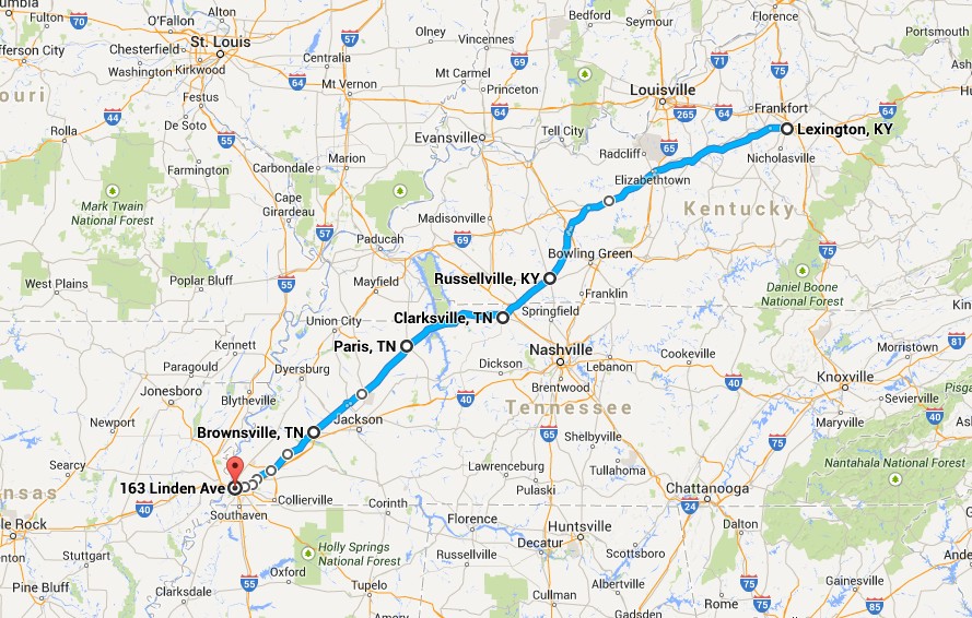 Route to Memphis from Lexington via Russellville, KY and US Route 79