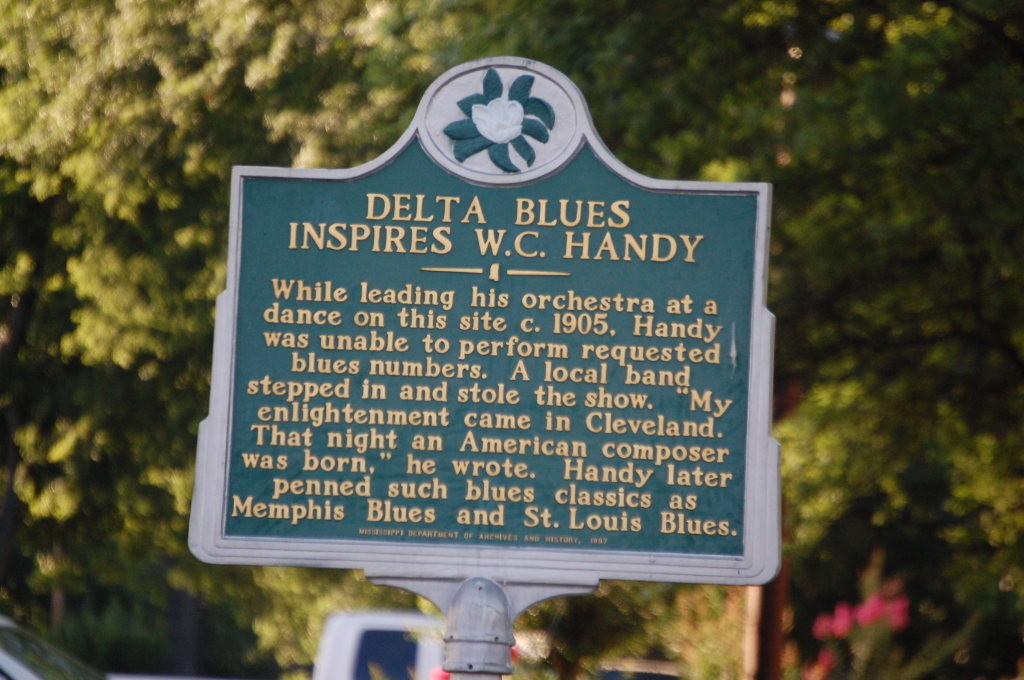 Historical marker about W.C. Handy being inspired in Cleveland, MS