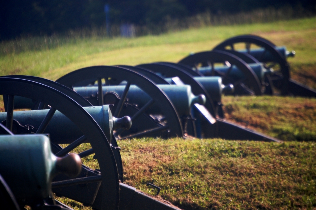 Cannon line the grounds of Vicksburg National Military park in many places