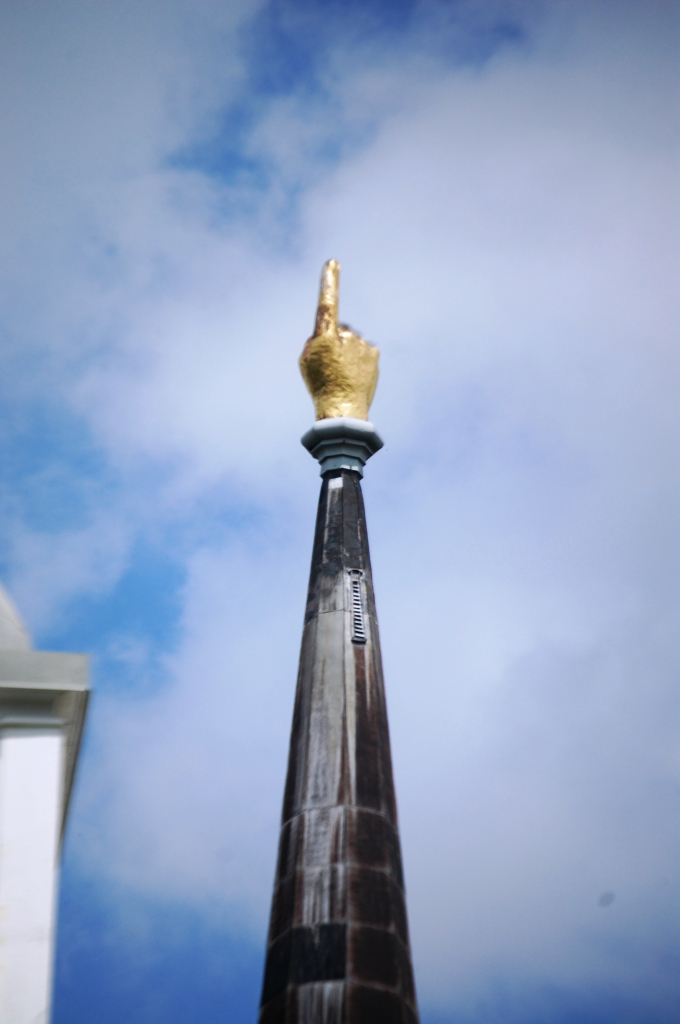 Close up of Port Gibson's First Presbyterian Church's "Hand Pointing to Heaven" steeple