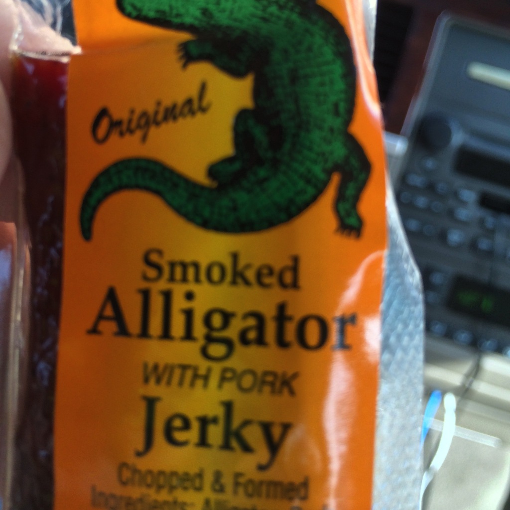 Smoked Alligator Jerky found at the small store in Jamaica Beach