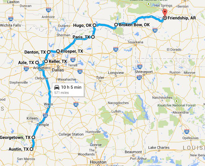 My route from Austin, TX (weird) to Friendship, AR.  Traveled in late June 2014