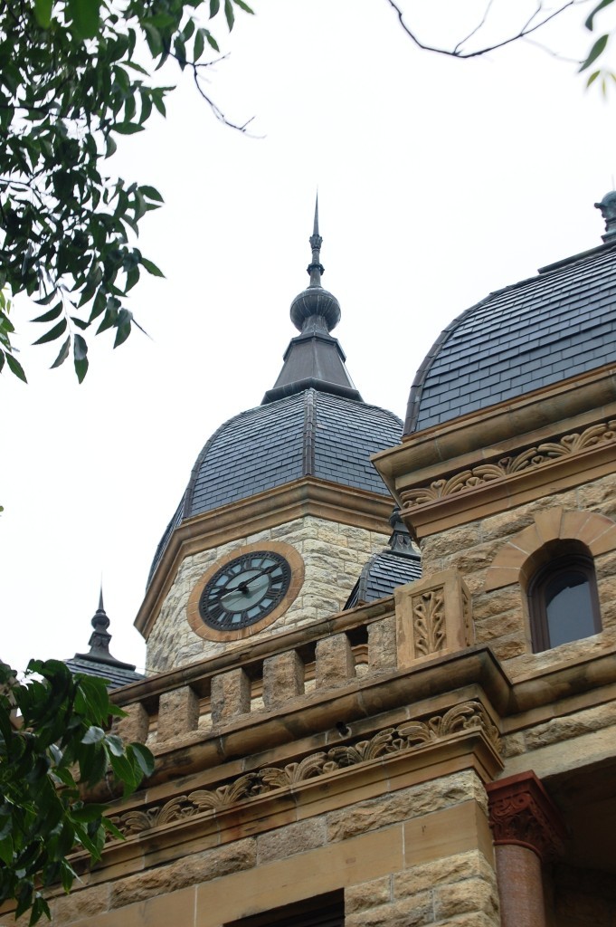 A view of the Romanesque tower on the county courthouse