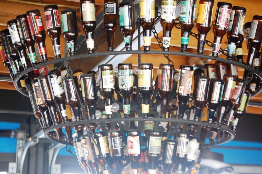 Beer bottle chandelier at LSA Burger Co.