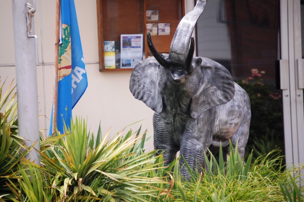 Elephant Statue in front of the Hugo Chamber of Commerce